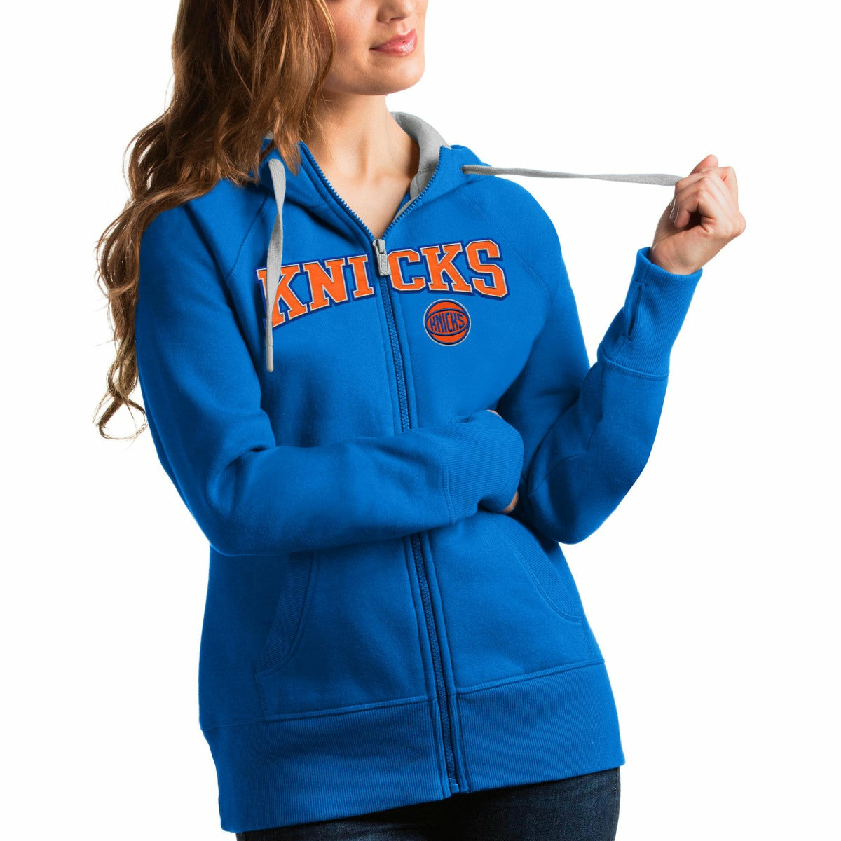 New York Knicks Antigua Women's Team Victory Full-Zip Hoodie Blue