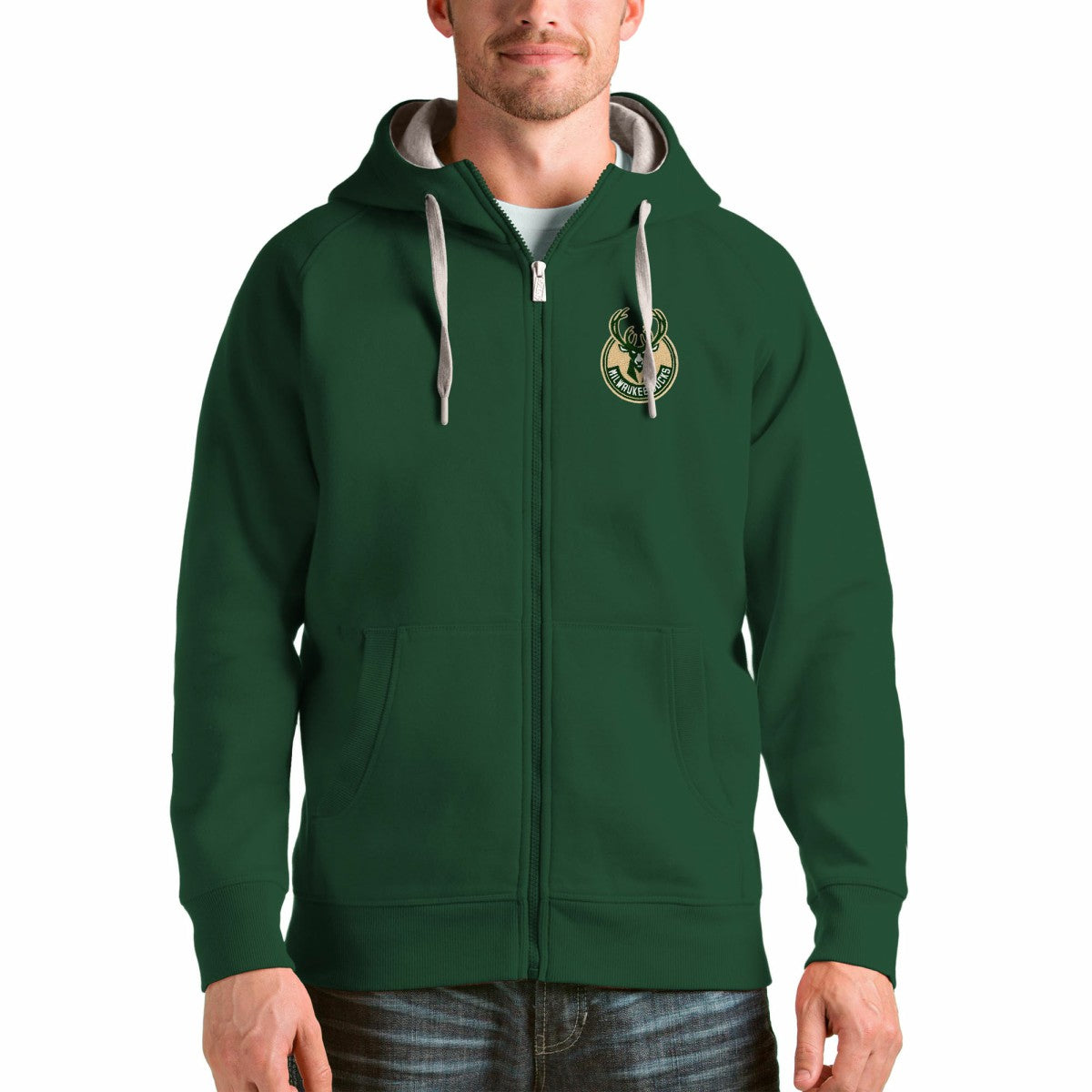 Milwaukee Bucks Antigua Logo Victory Full-Zip Hoodie Hunter Green
