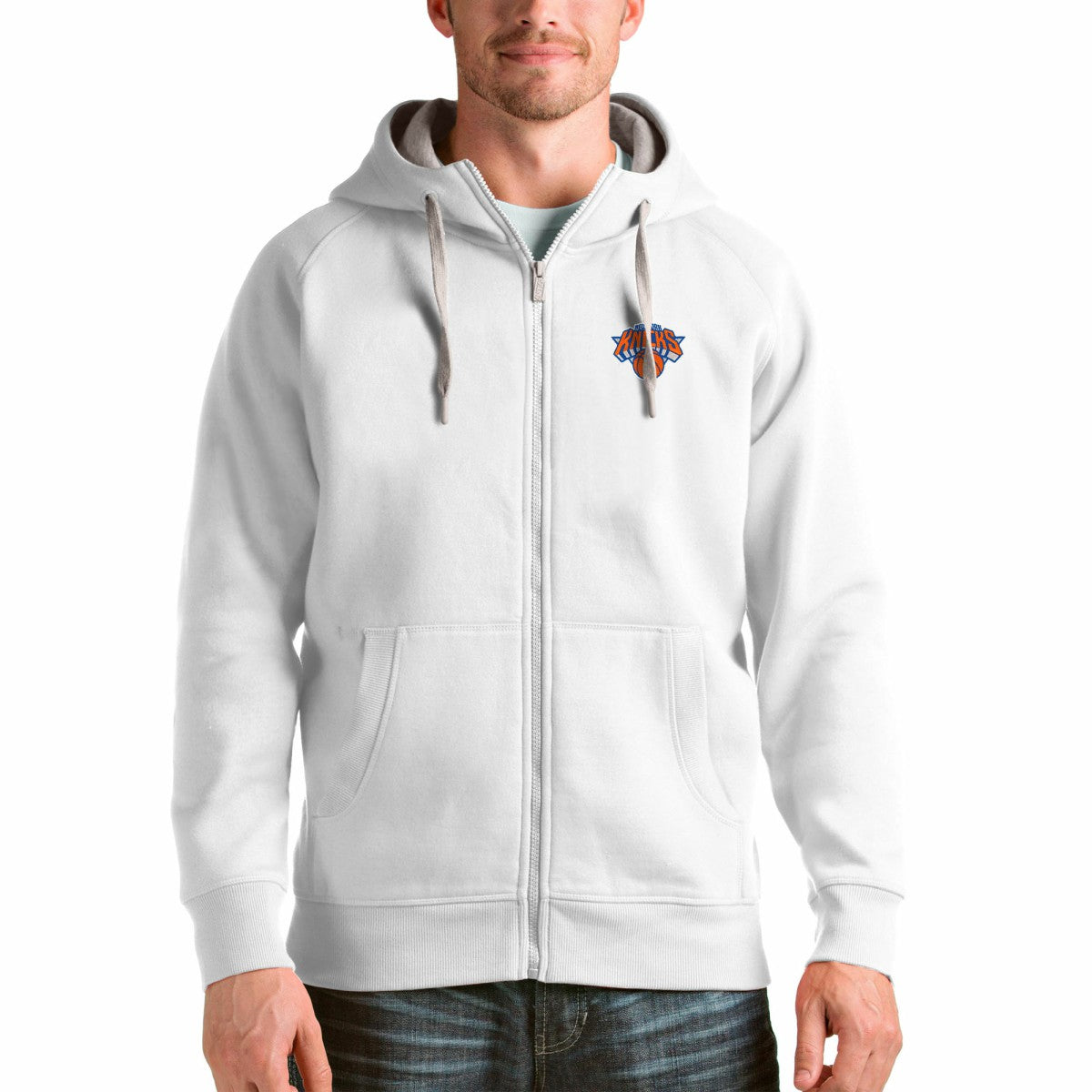 New York Knicks Antigua Logo Victory Full-Zip Hoodie White