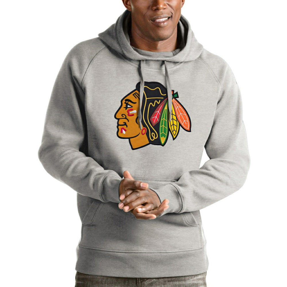 Chicago Blackhawks Antigua Logo Victory Pullover Hoodie - Heathered Gray | NHL Lifestyle