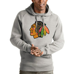 Chicago Blackhawks Antigua Logo Victory Pullover Hoodie - Heathered Gray | NHL Lifestyle
