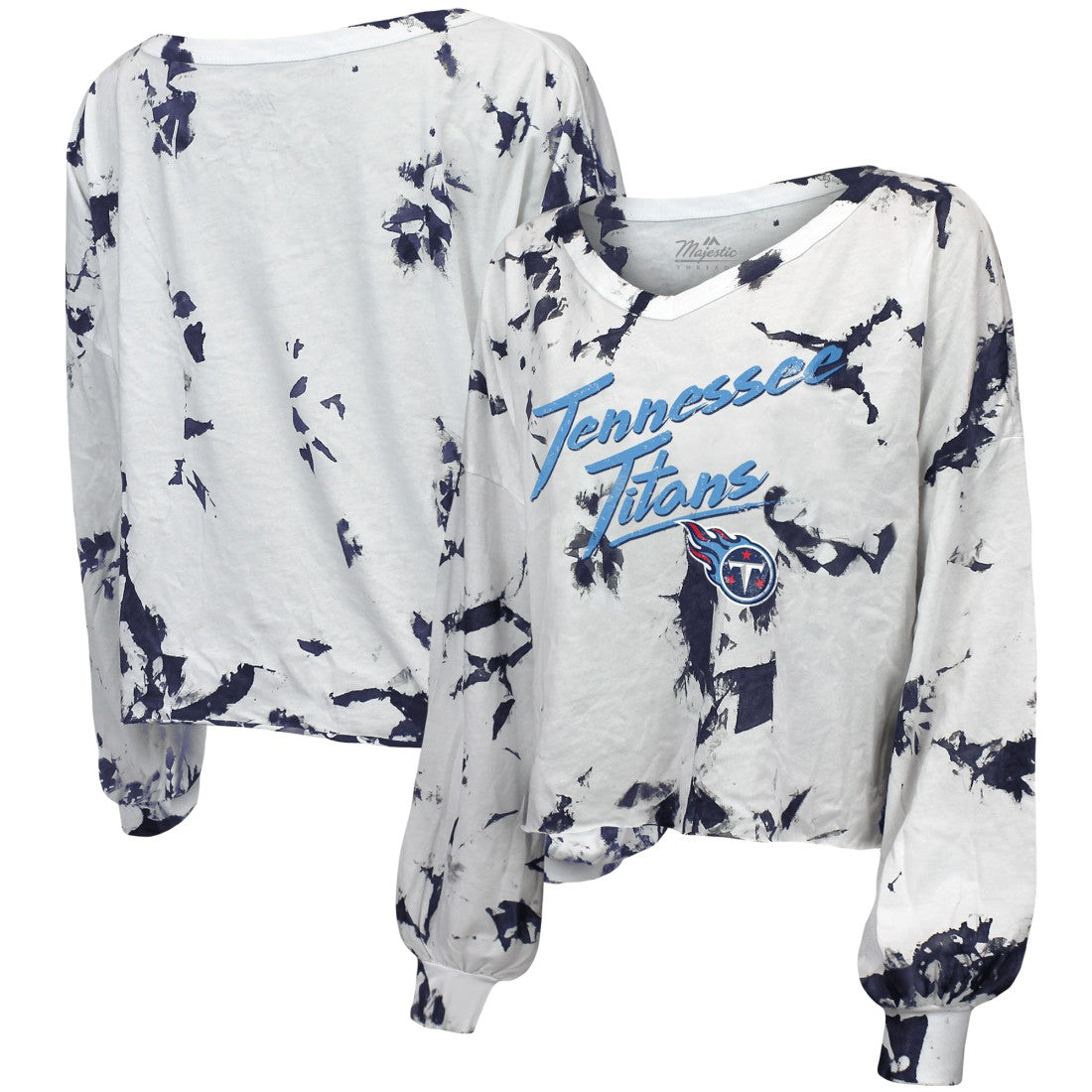 Tennessee Titans Majestic Threads Women's Off-Shoulder Tie-Dye V-Neck Long Sleeve T-Shirt - White/Navy - NFL