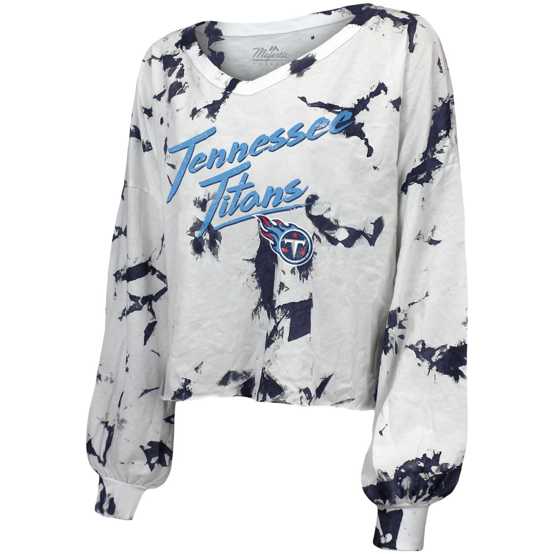 Tennessee Titans Majestic Threads Women's Off-Shoulder Tie-Dye V-Neck Long Sleeve T-Shirt - White/Navy - NFL