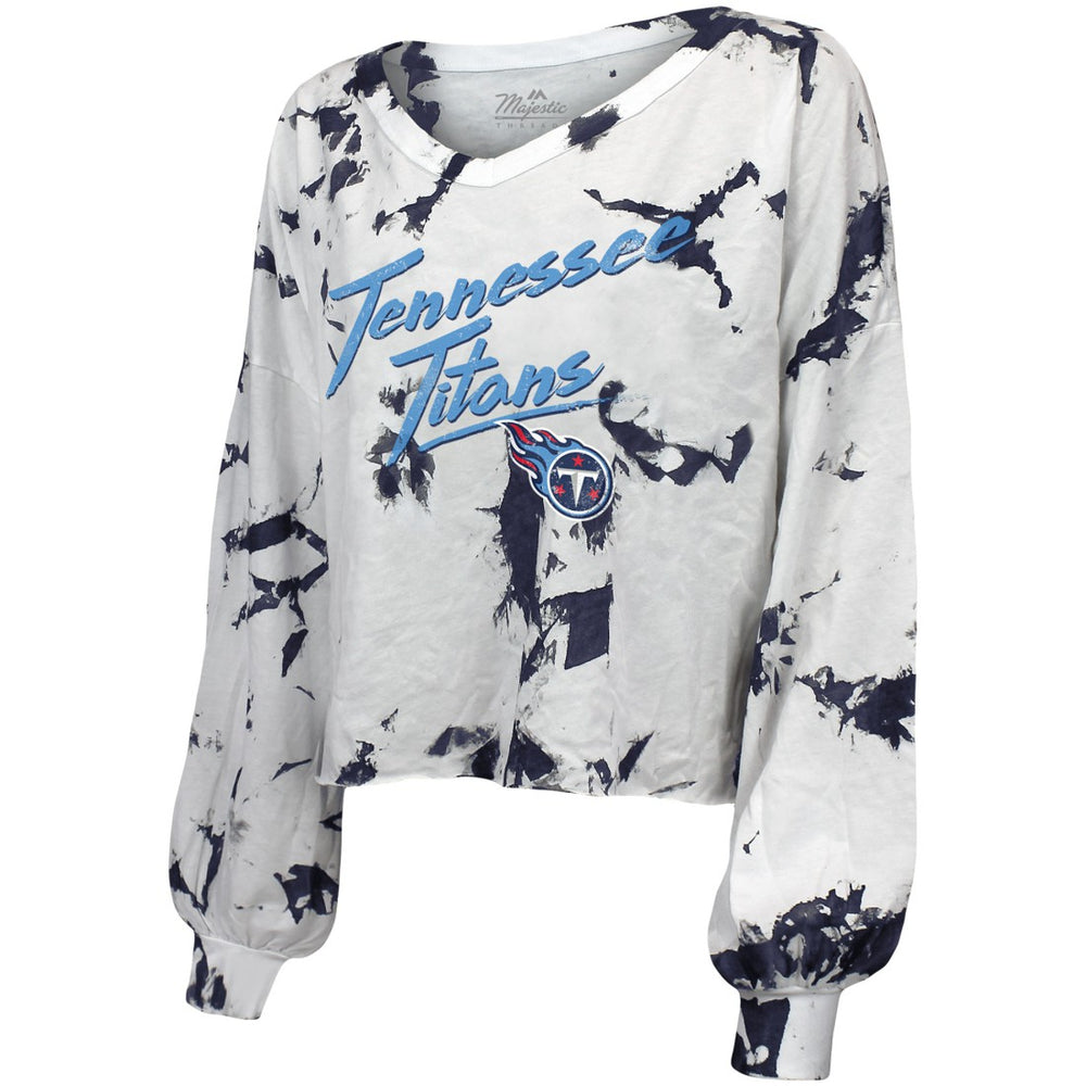 Tennessee Titans Majestic Threads Women's Off-Shoulder Tie-Dye V-Neck Long Sleeve T-Shirt - White/Navy - NFL