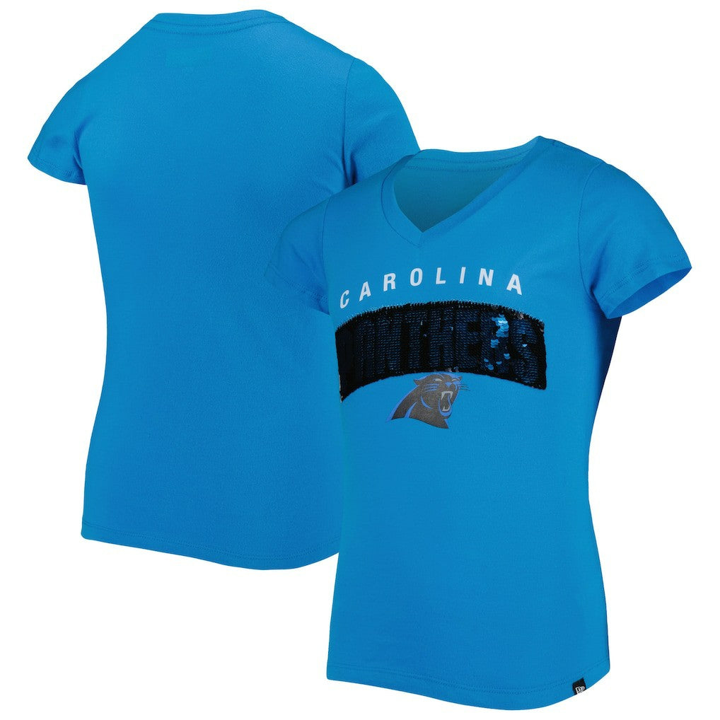 Carolina Panthers New Era Girls Youth Reverse Sequin Wordmark V-Neck T-Shirt - Blue - NFL