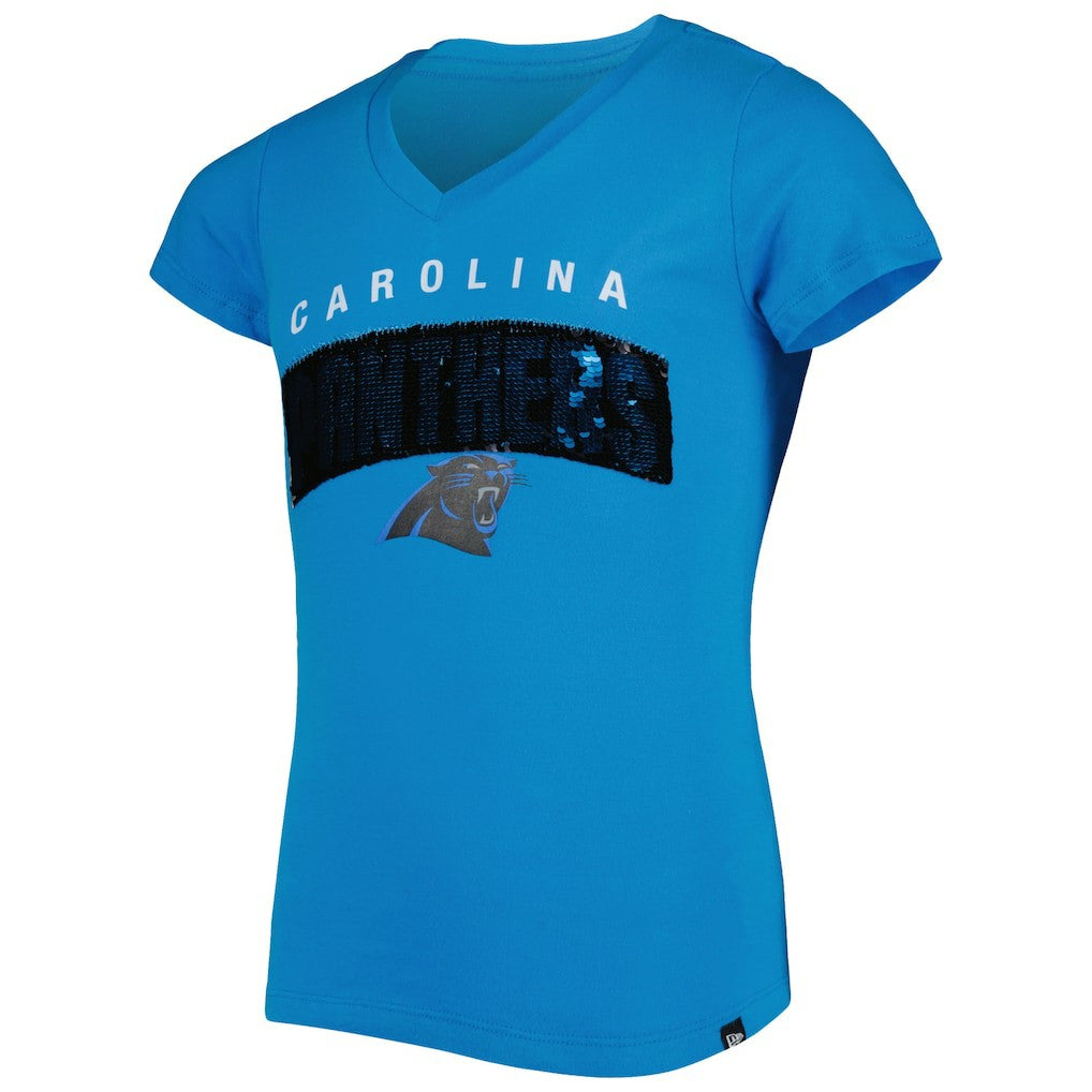 Carolina Panthers New Era Girls Youth Reverse Sequin Wordmark V-Neck T-Shirt - Blue - NFL
