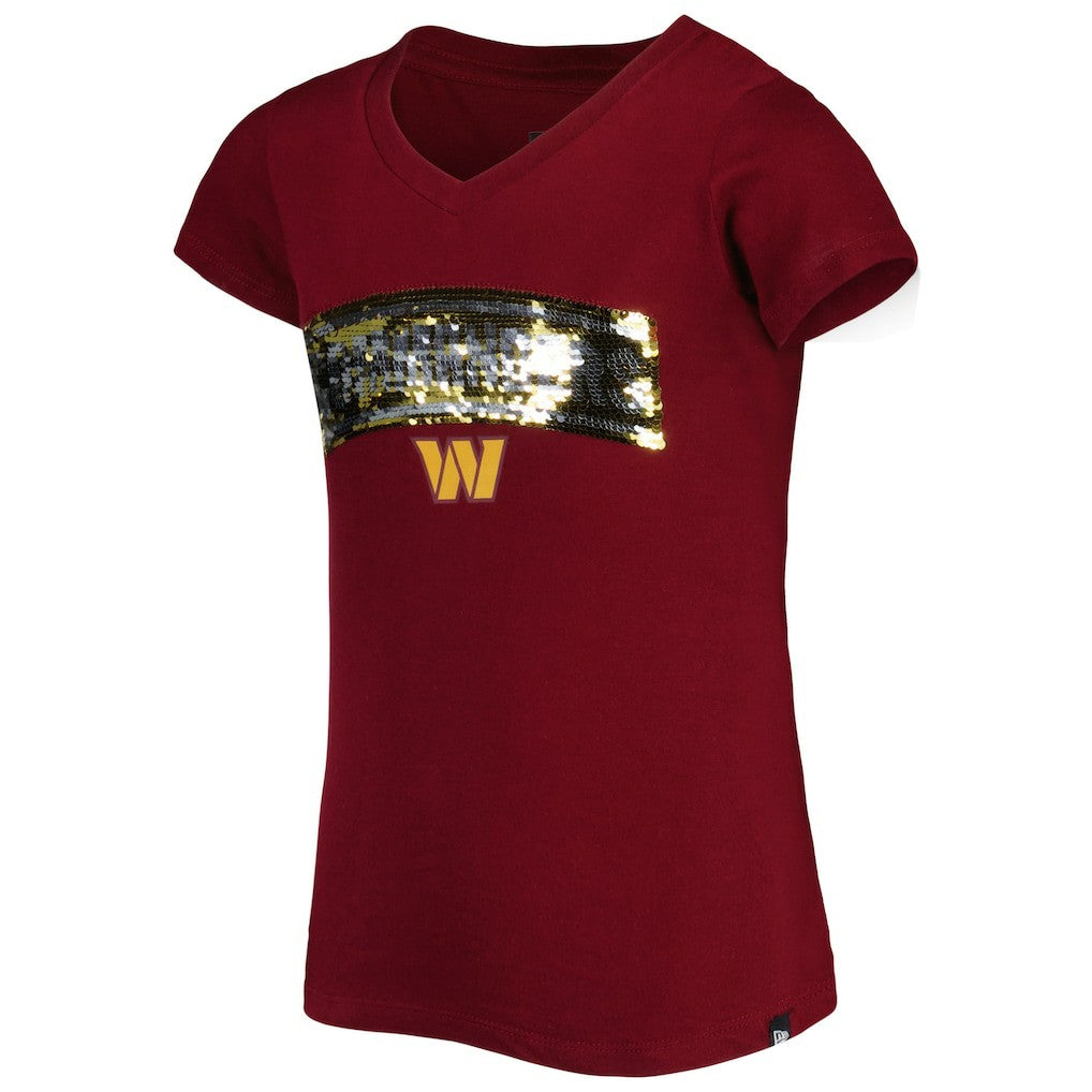 Washington Commanders New Era Girls Youth Reverse Sequin Wordmark V-Neck T-Shirt - Burgundy - NFL