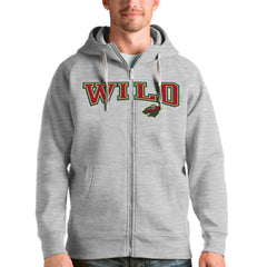 Minnesota Wild Antigua Wordmark Victory Full-Zip Hoodie - Heathered Gray | NHL Lifestyle
