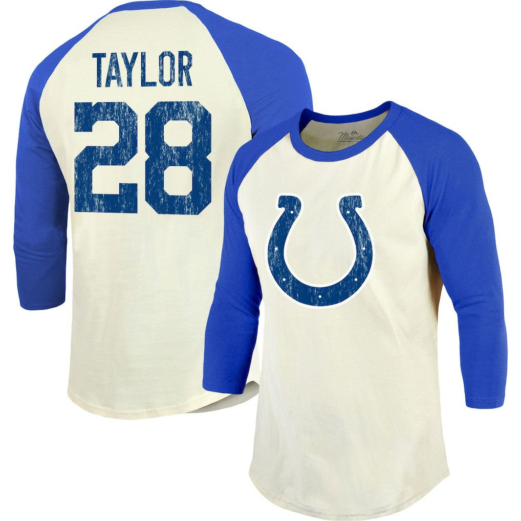 Jonathan Taylor Indianapolis Colts Majestic Threads Vintage Player Name & Number Raglan 3/4-Sleeve T-Shirt - Cream/Royal - NFL