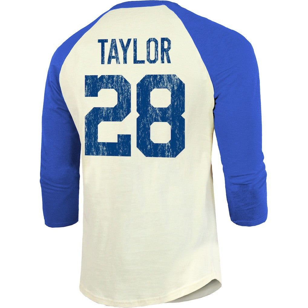 Jonathan Taylor Indianapolis Colts Majestic Threads Vintage Player Name & Number Raglan 3/4-Sleeve T-Shirt - Cream/Royal - NFL