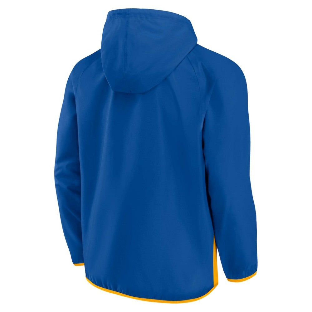 St. Louis Blues Fanatics Backhand Shooter Defender Anorak Raglan Hoodie Quarter-Zip Jacket - Blue/Gold | Fanatics Clearance
