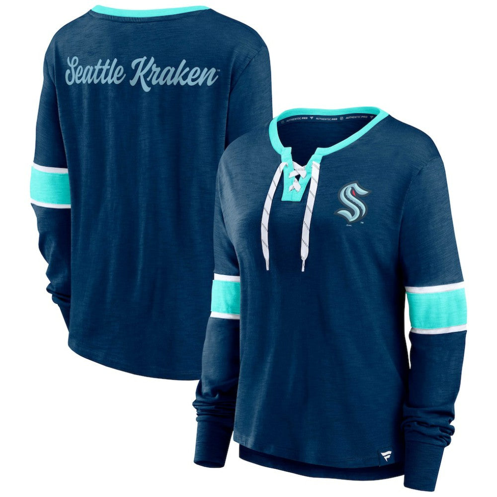 Seattle Kraken Fanatics Women's Effervescent Exclusive Notch Neck Lace-Up Long Sleeve Slub T-Shirt - Navy | Fanatics discount
