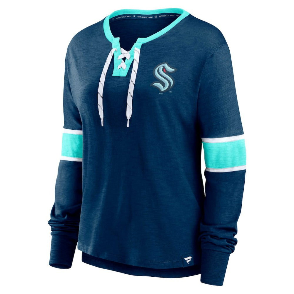 Seattle Kraken Fanatics Women's Effervescent Exclusive Notch Neck Lace-Up Long Sleeve Slub T-Shirt - Navy | Fanatics discount