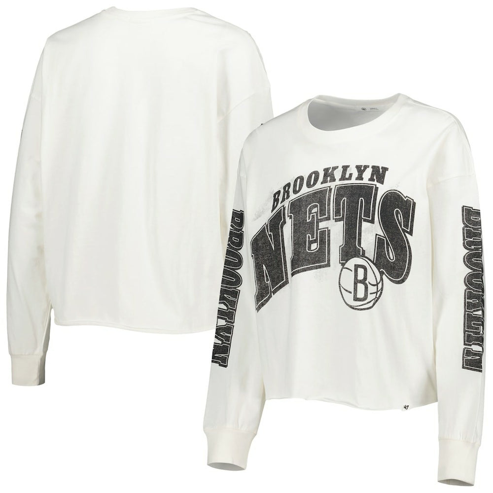 47 brand Brooklyn Nets '47 Women's Parkway Brush Back Long Sleeve Cropped T-Shirt Cream
