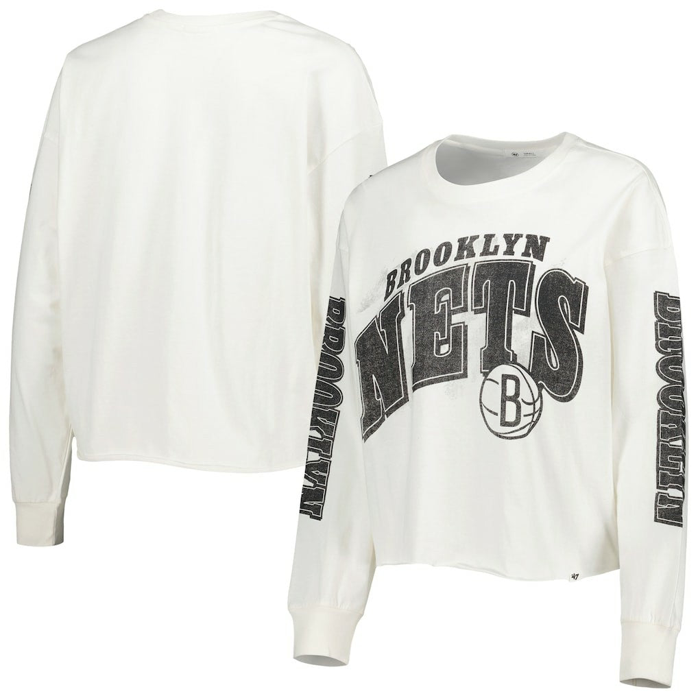47 brand Brooklyn Nets '47 Women's Parkway Brush Back Long Sleeve Cropped T-Shirt Cream
