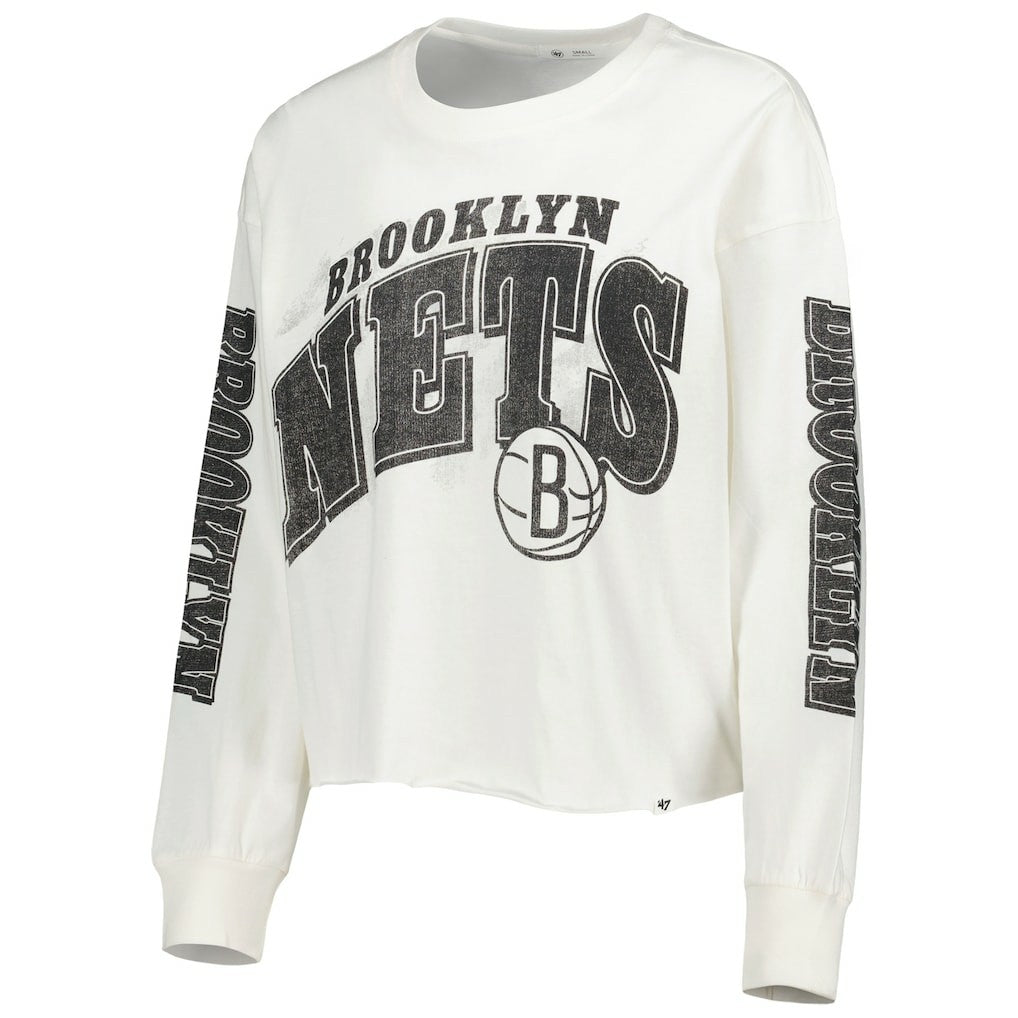 47 brand Brooklyn Nets '47 Women's Parkway Brush Back Long Sleeve Cropped T-Shirt Cream