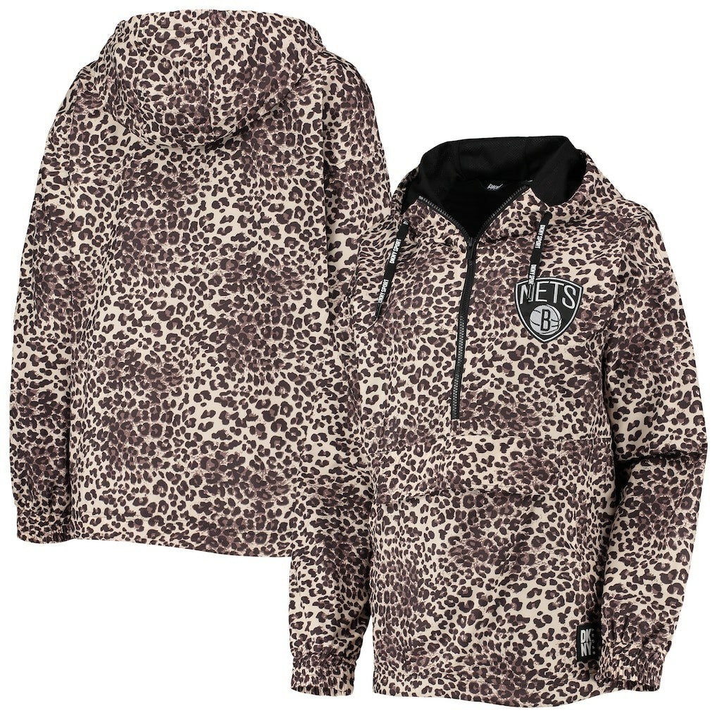 Brooklyn Nets DKNY Sport Women's Gabriella Windbreaker Half-Zip Hoodie Leopard