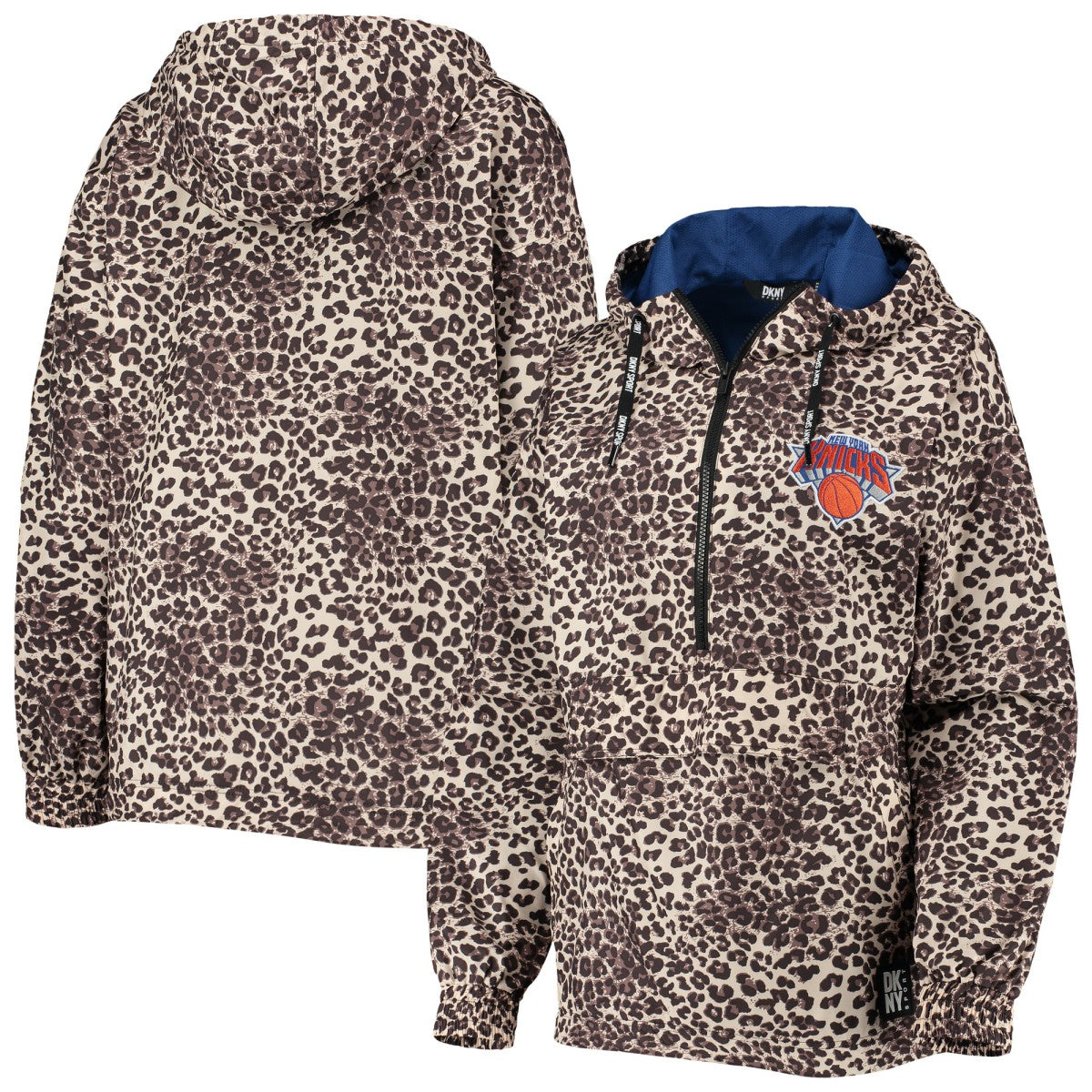 New York Knicks DKNY Sport Women's Gabriella Windbreaker Half-Zip Hoodie Leopard