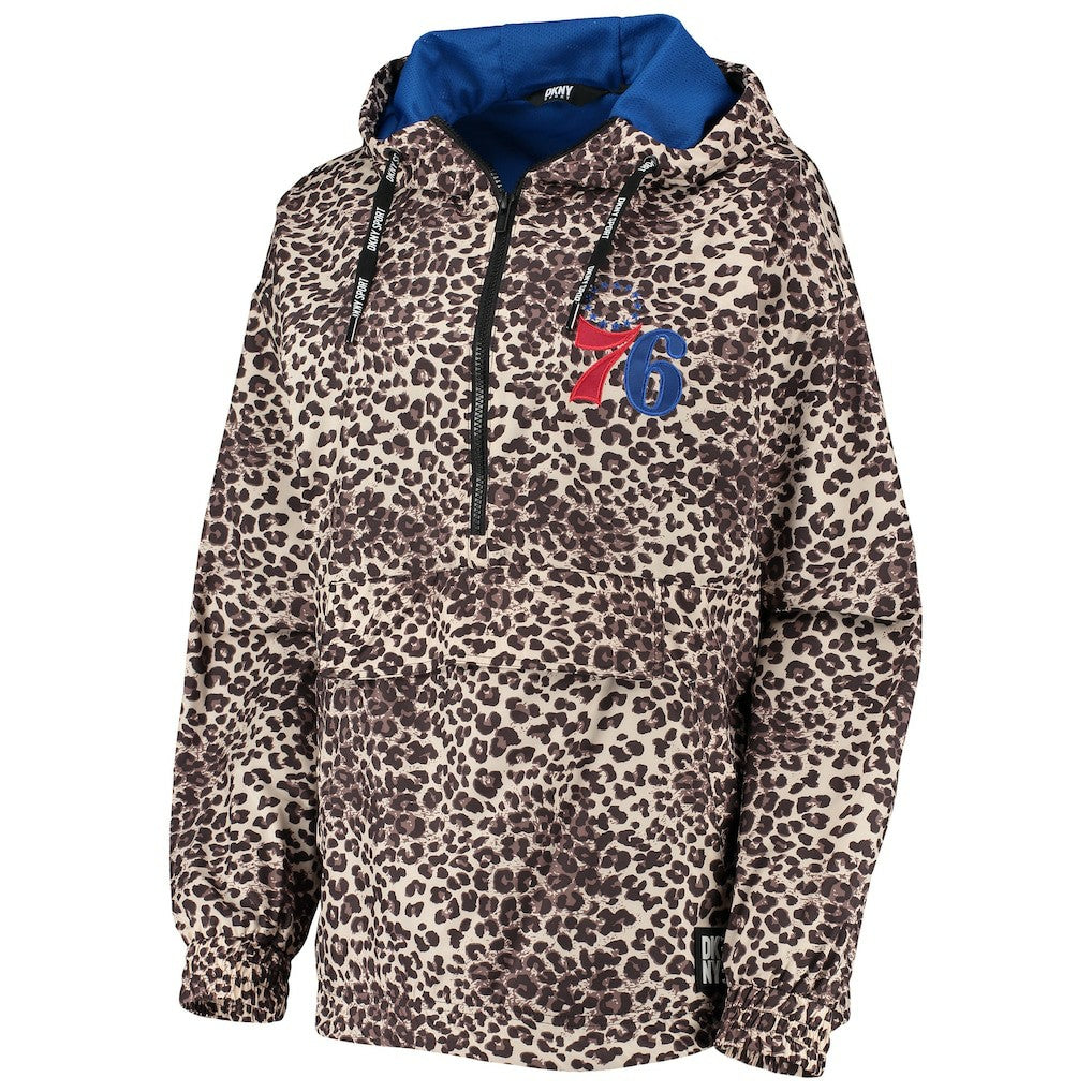 Philadelphia 76ers DKNY Sport Women's Gabriella Windbreaker Half-Zip Hoodie Leopard