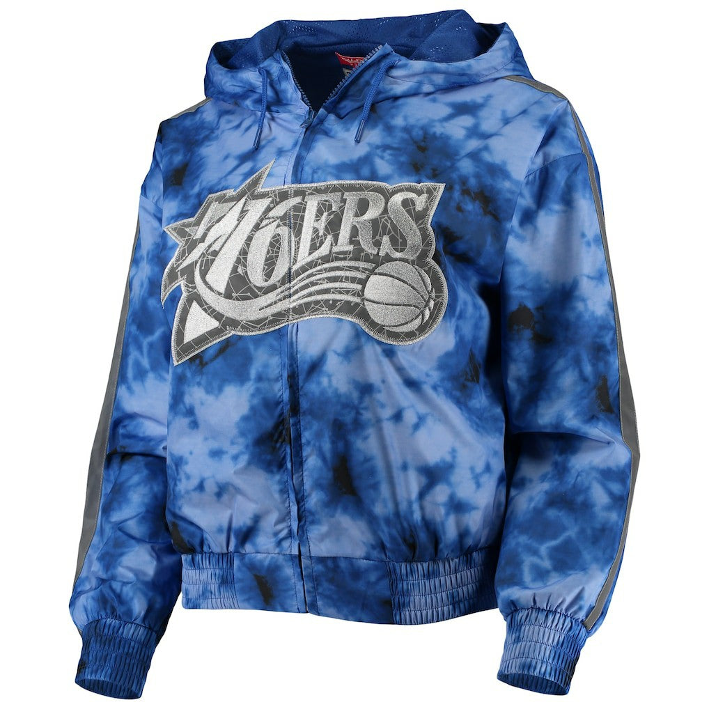 Mitchell & Ness Philadelphia 76ers Women's Galaxy Sublimated Windbreaker Pullover Full-Zip Hoodie Royal