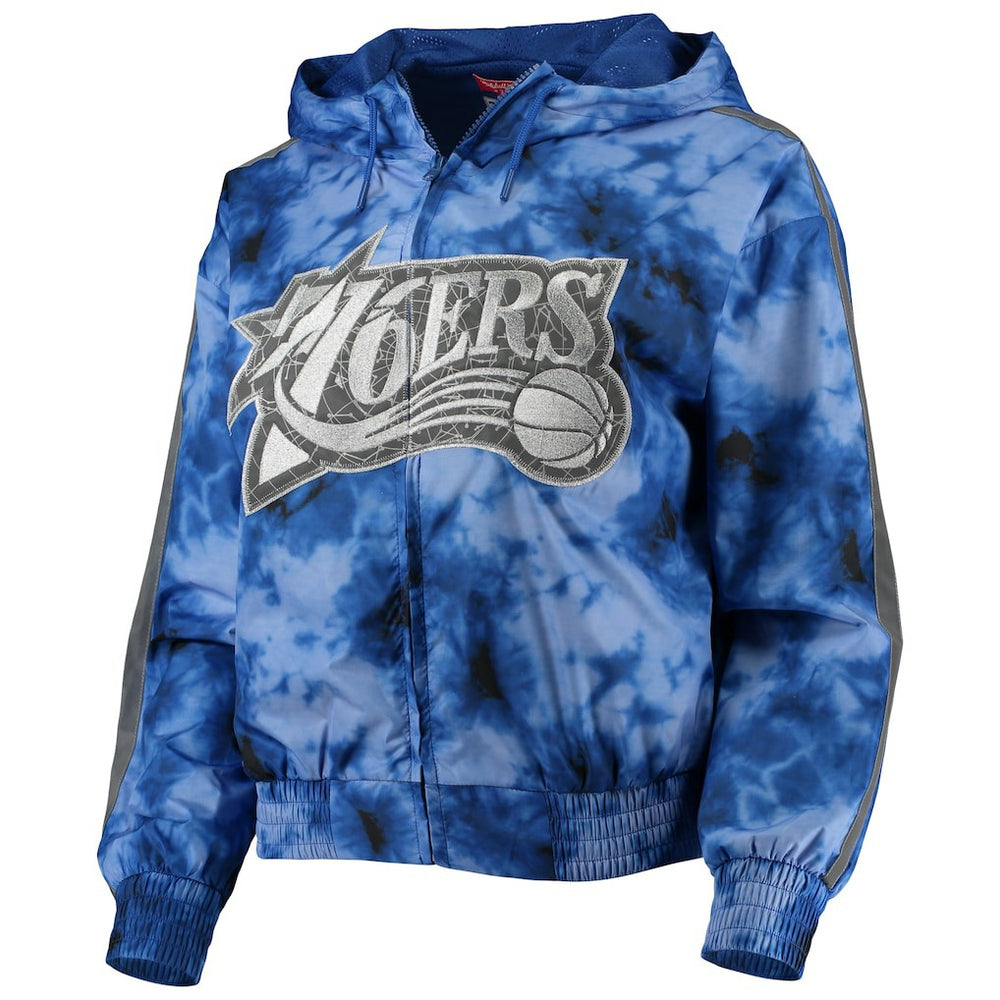 Mitchell & Ness Philadelphia 76ers Women's Galaxy Sublimated Windbreaker Pullover Full-Zip Hoodie Royal