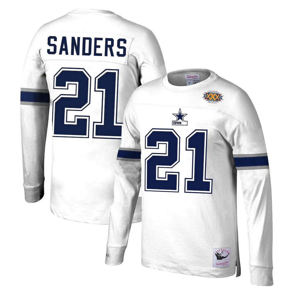Deion Sanders Dallas Cowboys Retired Player Name & Number Long Sleeve Top - White - Mitchell & Ness