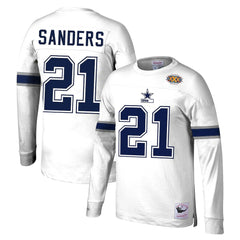 Deion Sanders Dallas Cowboys Retired Player Name & Number Long Sleeve Top - White - Mitchell & Ness