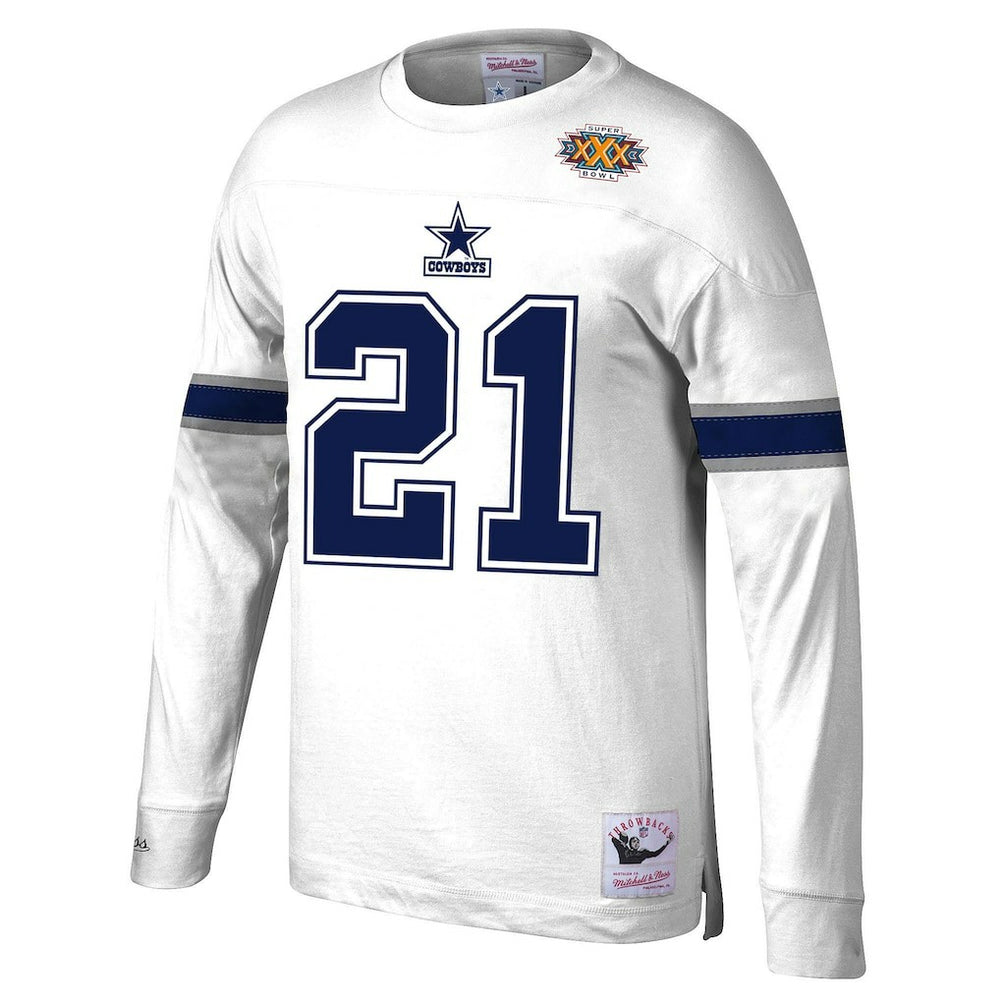 Deion Sanders Dallas Cowboys Retired Player Name & Number Long Sleeve Top - White - Mitchell & Ness