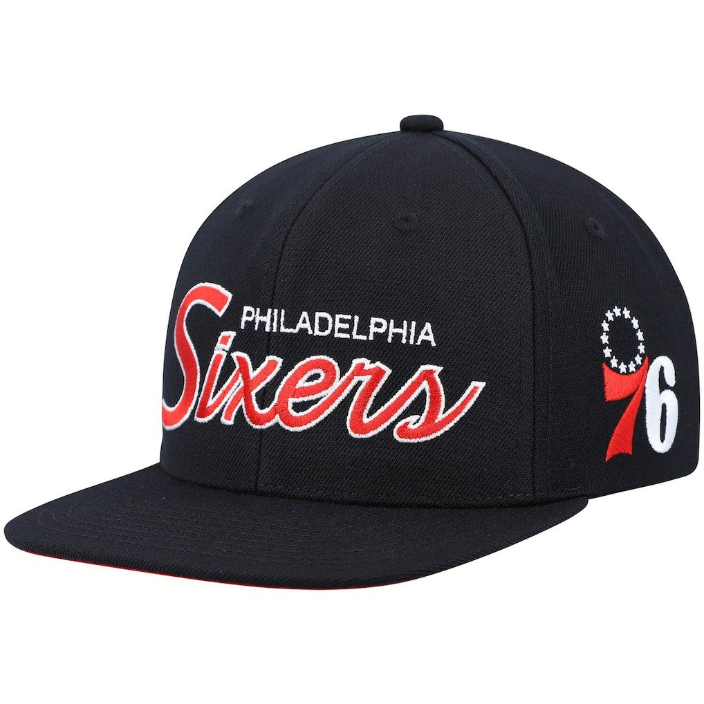 Mitchell & Ness Philadelphia 76ers Hardwood Classics Script 2.0 Snapback Hat Black