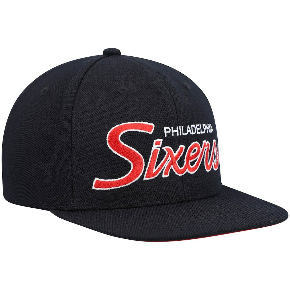Mitchell & Ness Philadelphia 76ers Hardwood Classics Script 2.0 Snapback Hat Black