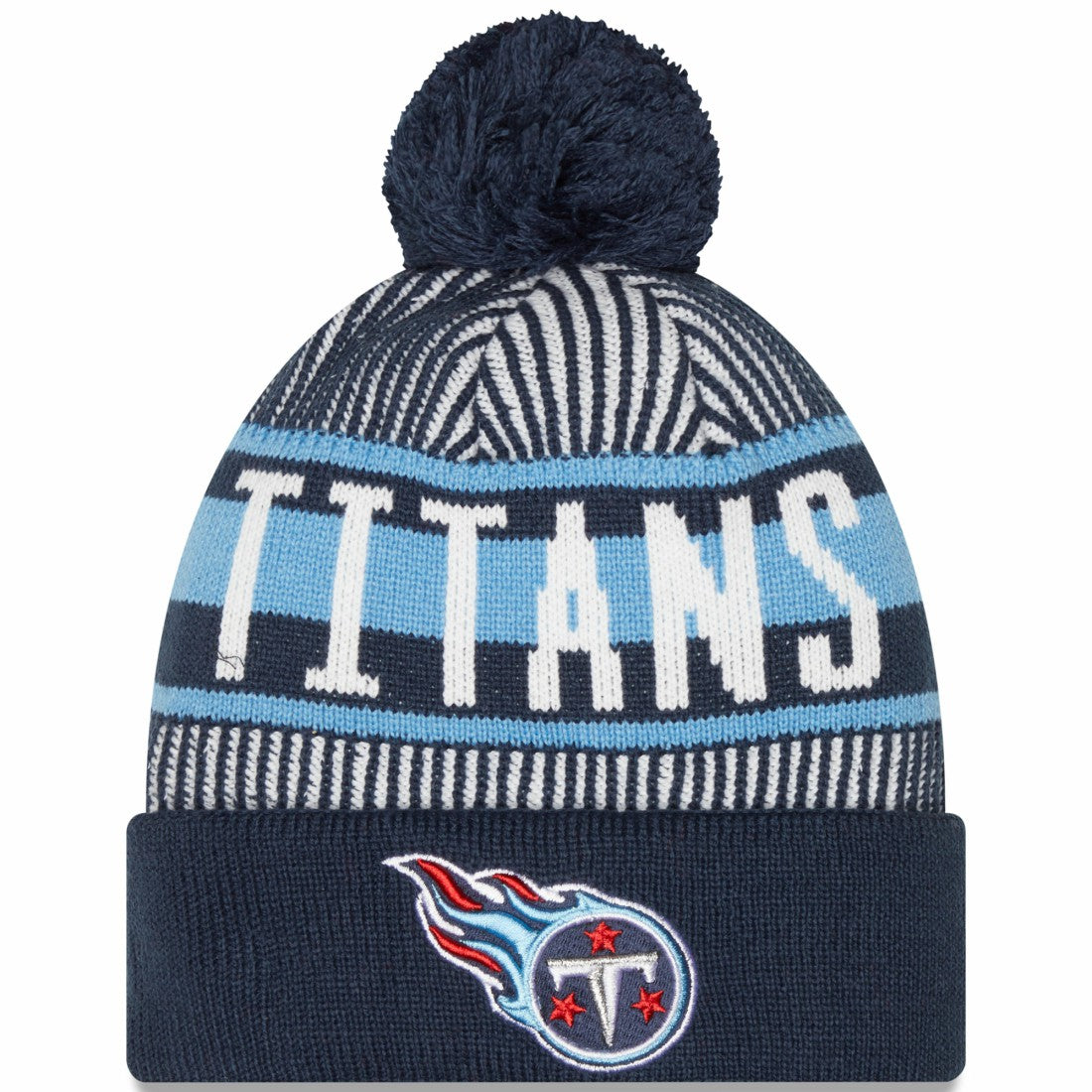 Tennessee Titans New Era Striped Cuffed Knit Hat with Pom - Navy - NFL