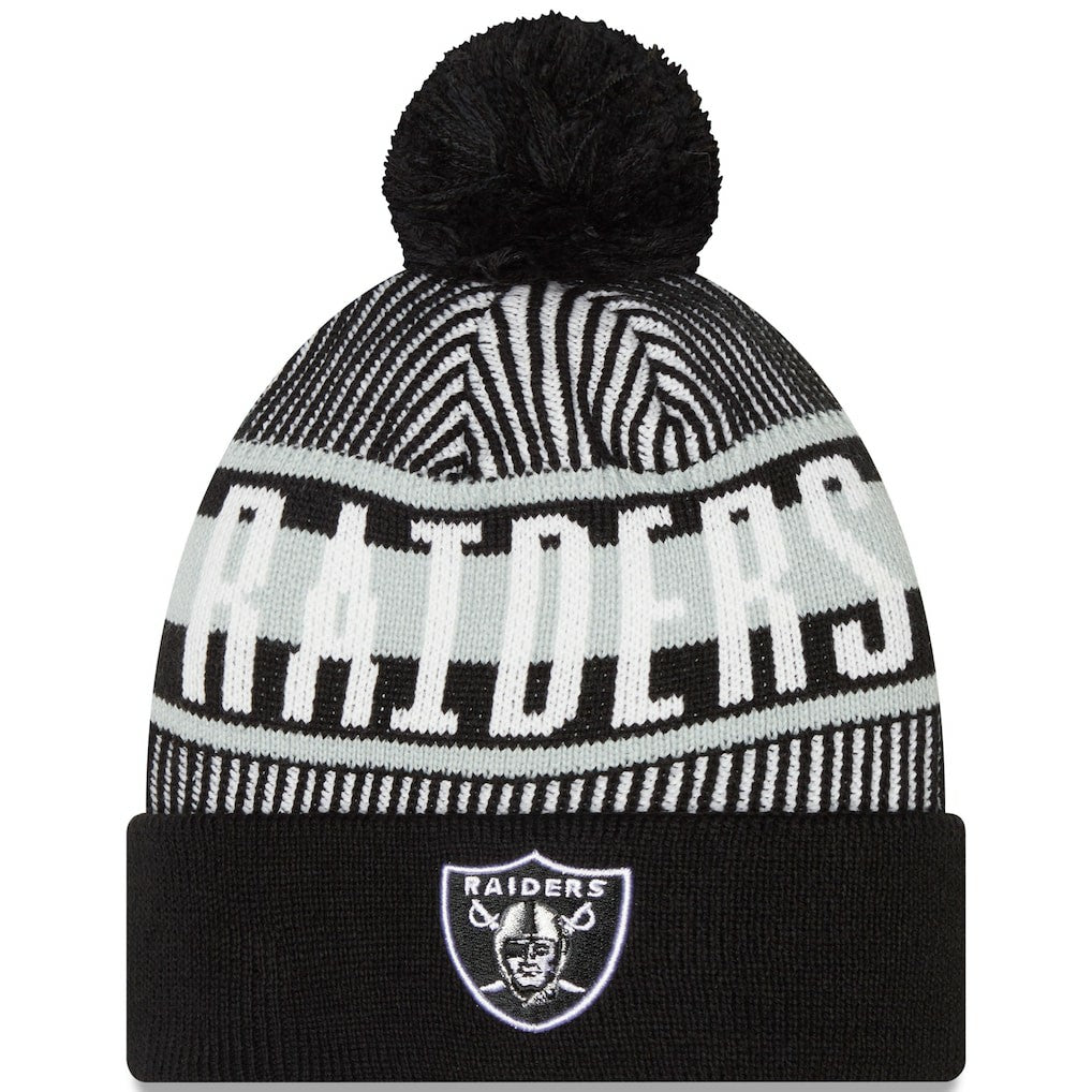 Las Vegas Raiders New Era Striped Cuffed Knit Hat with Pom - Black - NFL