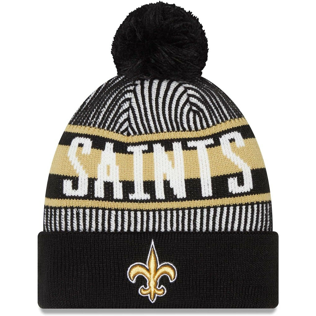 New Orleans Saints New Era Striped Cuffed Knit Hat with Pom - Black - NFL
