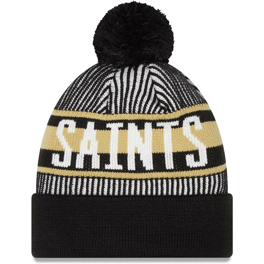 New Orleans Saints New Era Striped Cuffed Knit Hat with Pom - Black - NFL