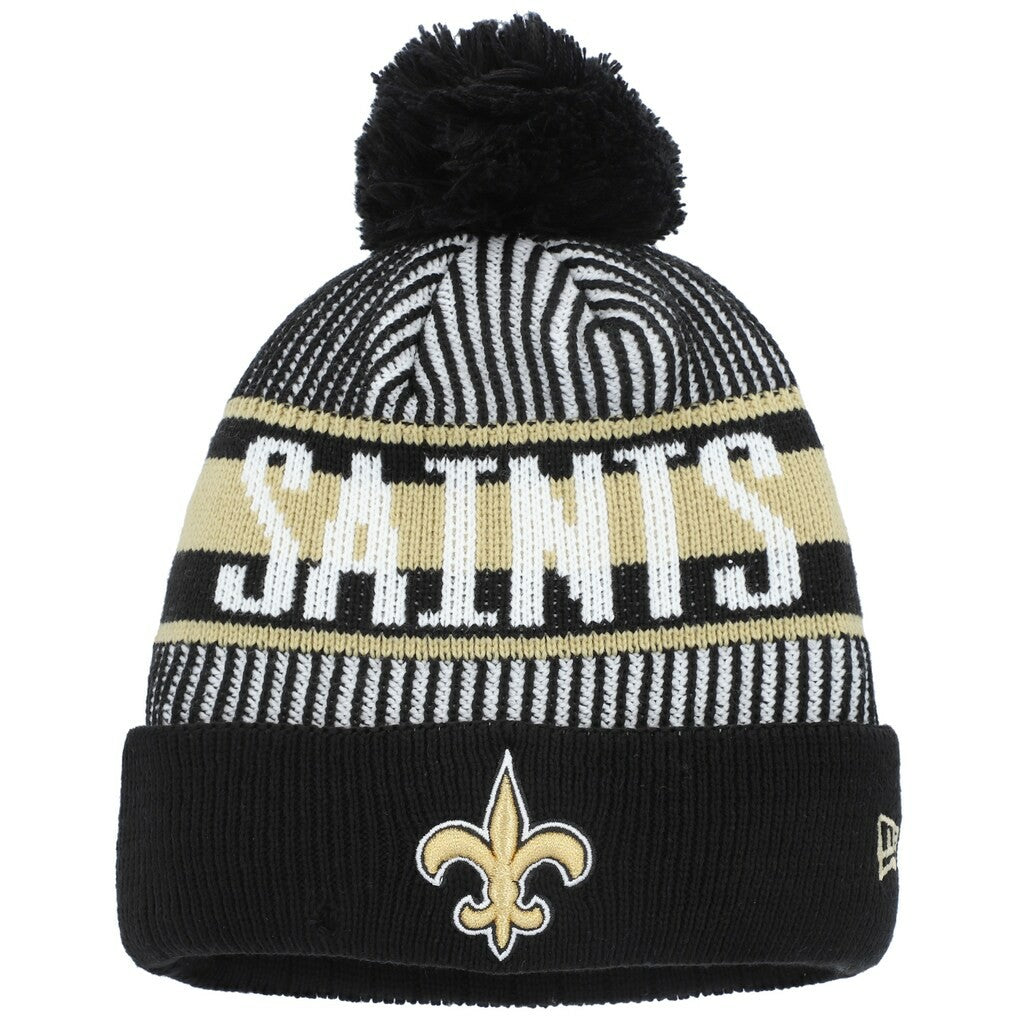 New Orleans Saints New Era Youth Striped Cuffed Knit Hat with Pom - Black - NFL