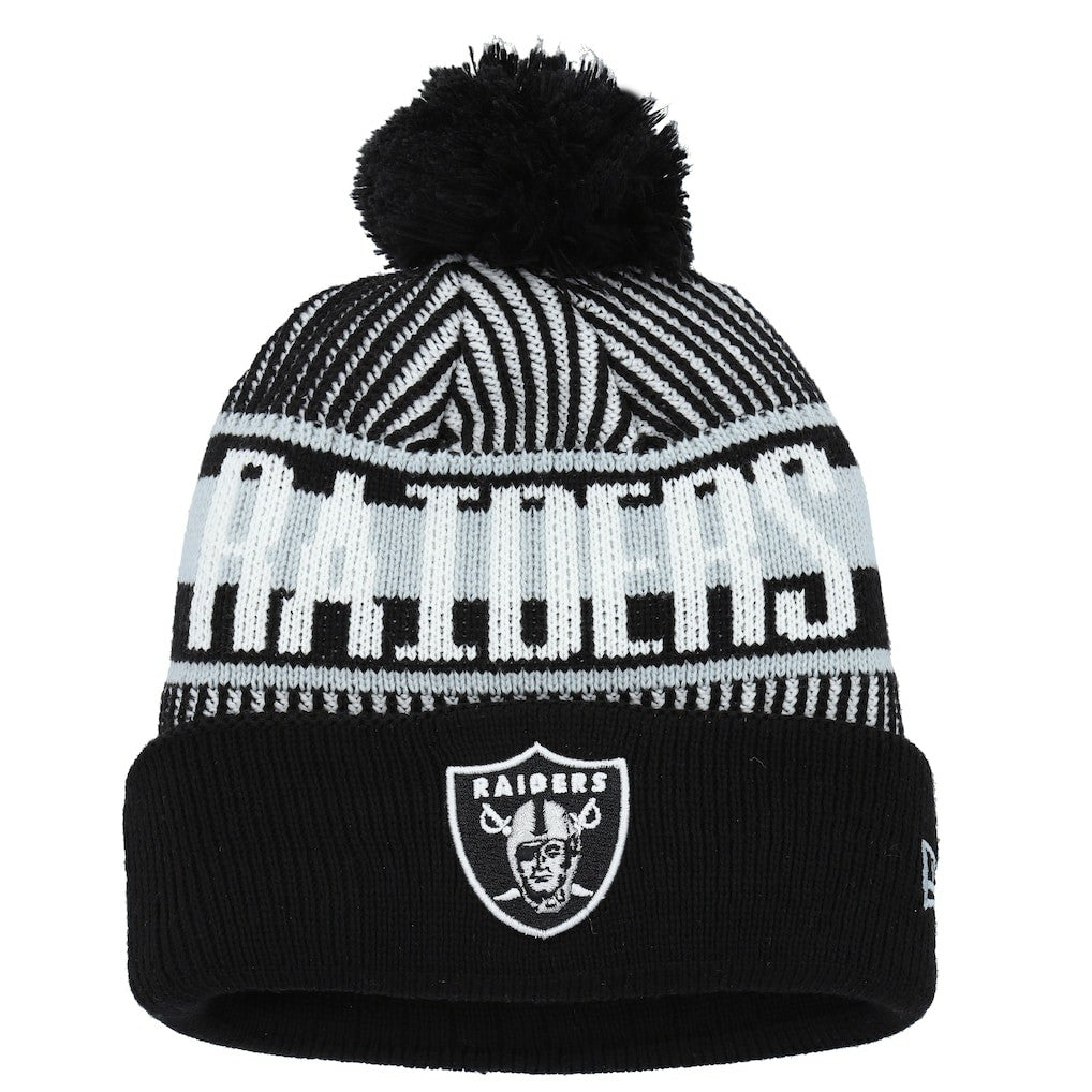Las Vegas Raiders New Era Youth Striped Cuffed Knit Hat with Pom - Black - NFL