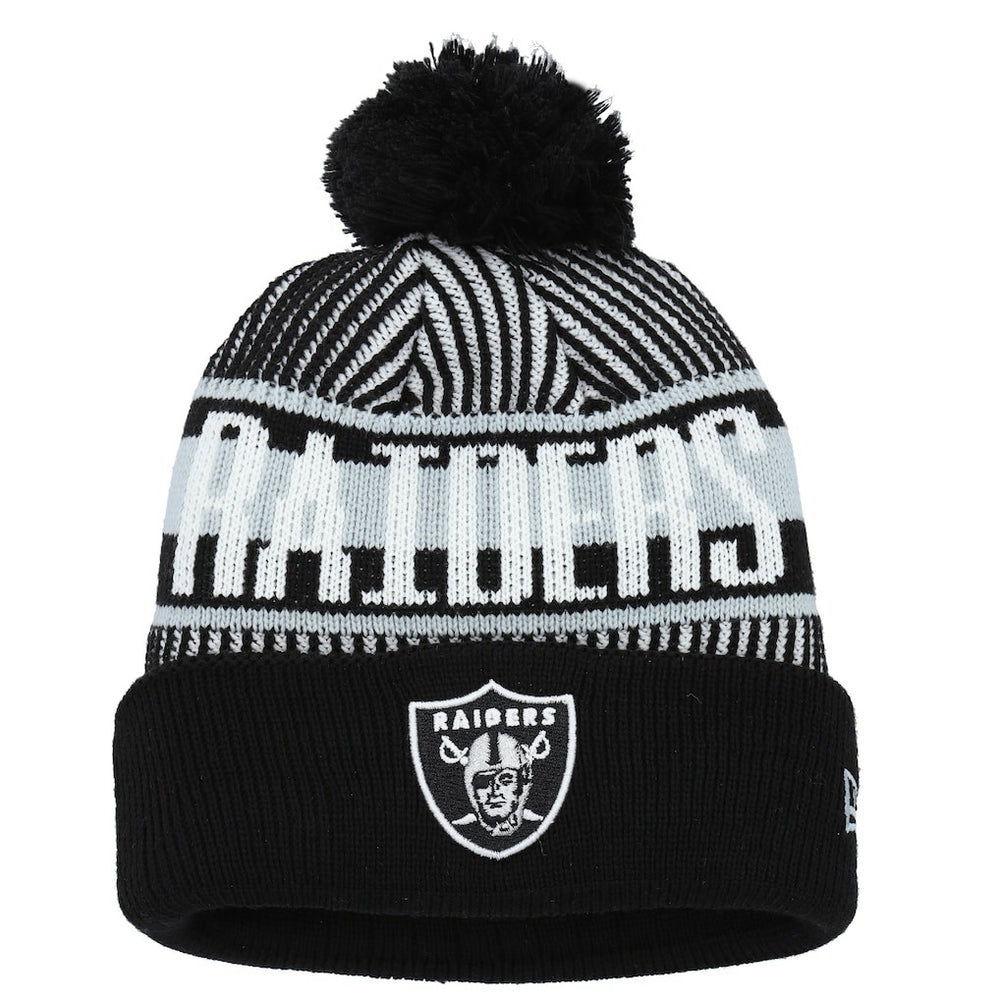 Las Vegas Raiders New Era Youth Striped Cuffed Knit Hat with Pom - Black - NFL