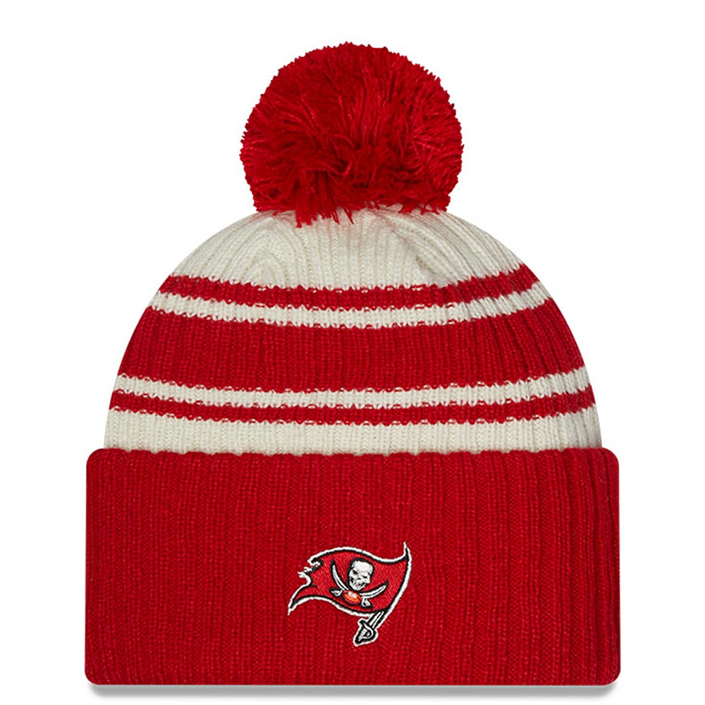 Tampa Bay Buccaneers New Era 2022 Sideline Sport Cuffed Pom Knit Hat - Cream/Red - NFL