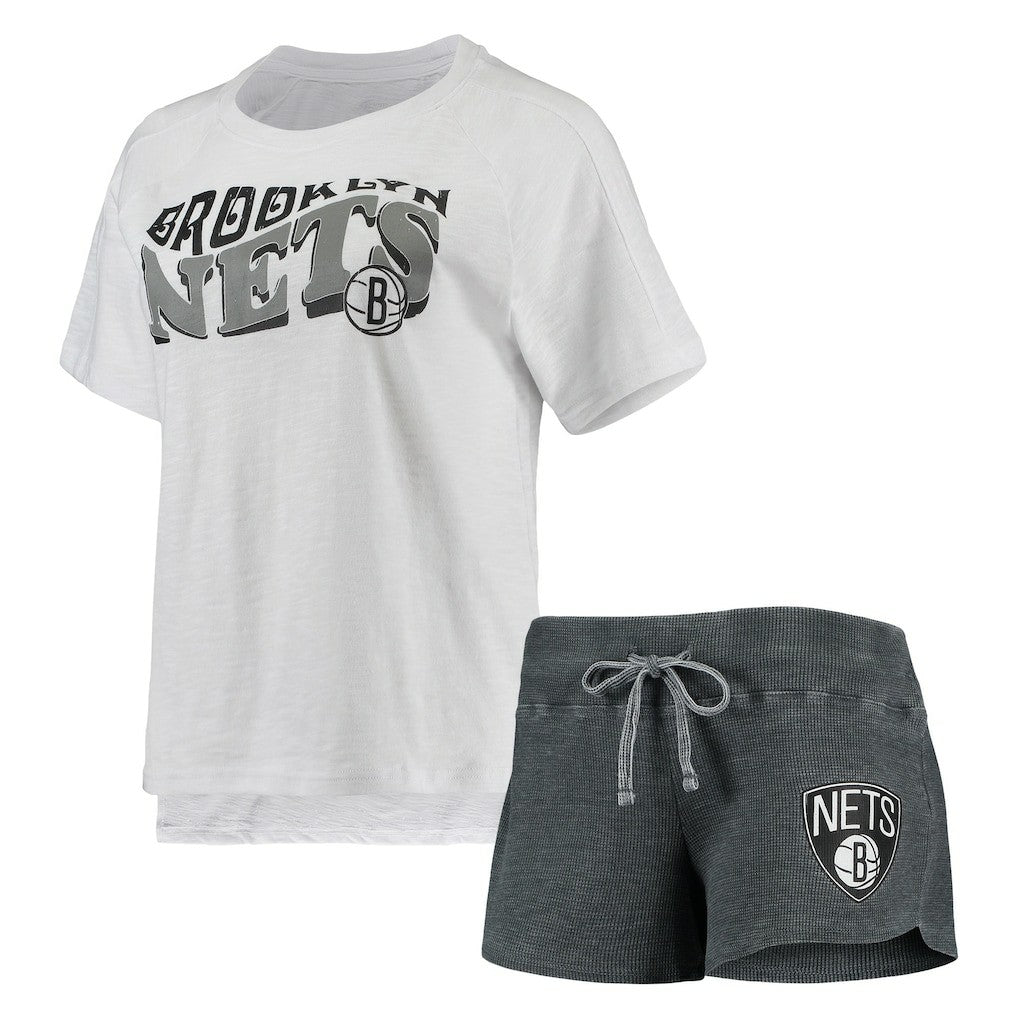 Brooklyn Nets Concepts Sport Women's Resurgence Slub Burnout Raglan Top & Shorts Sleep Set Charcoal/White