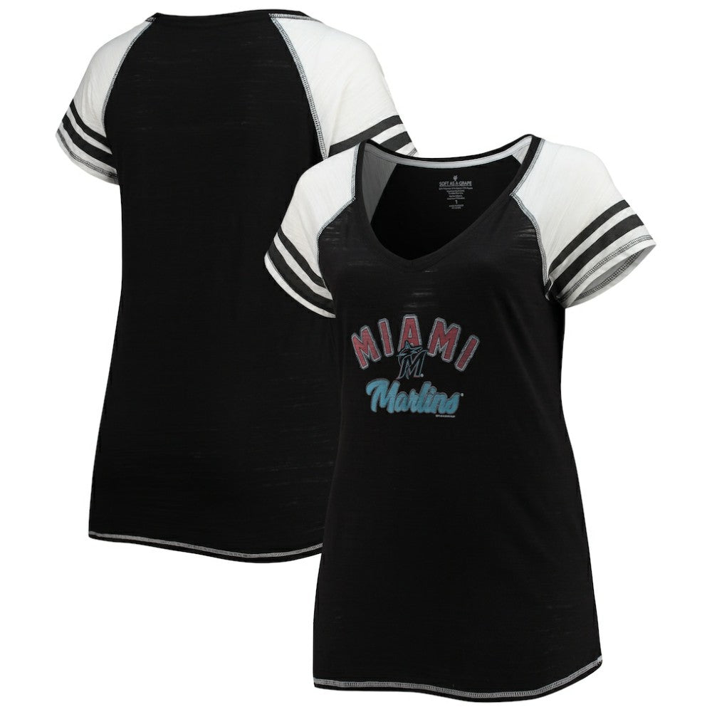 Miami Marlins Soft as a Grape Women's Curvy Color Block Tri-Blend Raglan V-Neck T-Shirt Outlet