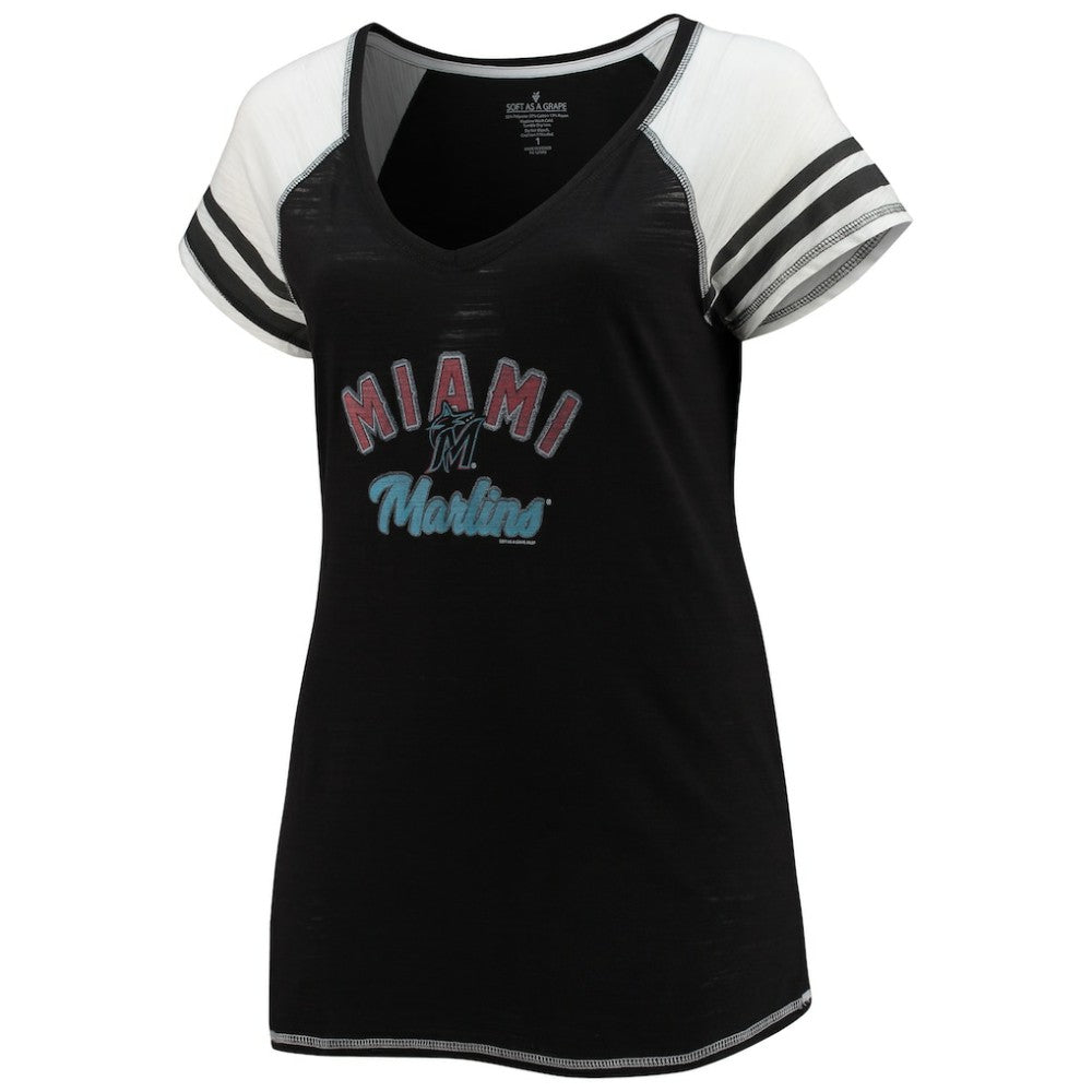 Miami Marlins Soft as a Grape Women's Curvy Color Block Tri-Blend Raglan V-Neck T-Shirt Outlet