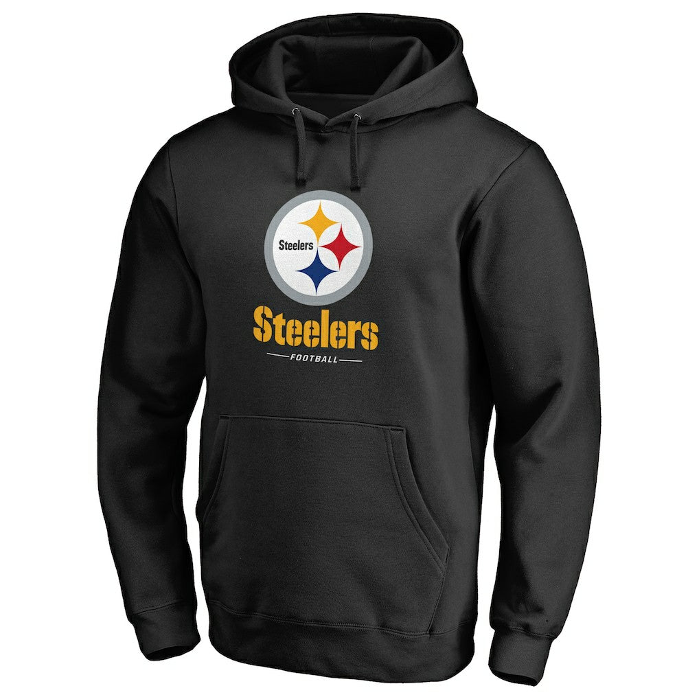 Pittsburgh Steelers Logo Team Lockup Fitted Pullover Hoodie - Black - NFL