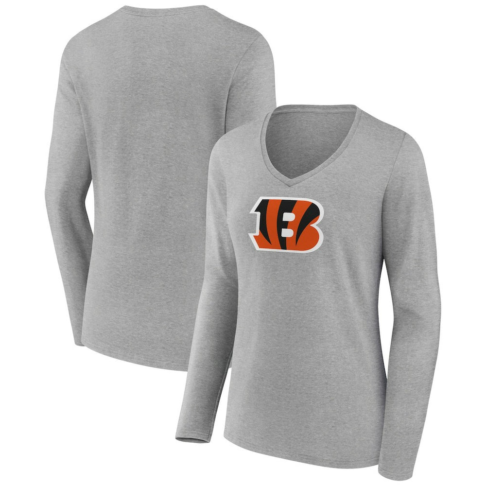 Cincinnati Bengals Women's Primary Team Logo Long Sleeve V-Neck T-Shirt - Heather Gray - NFL