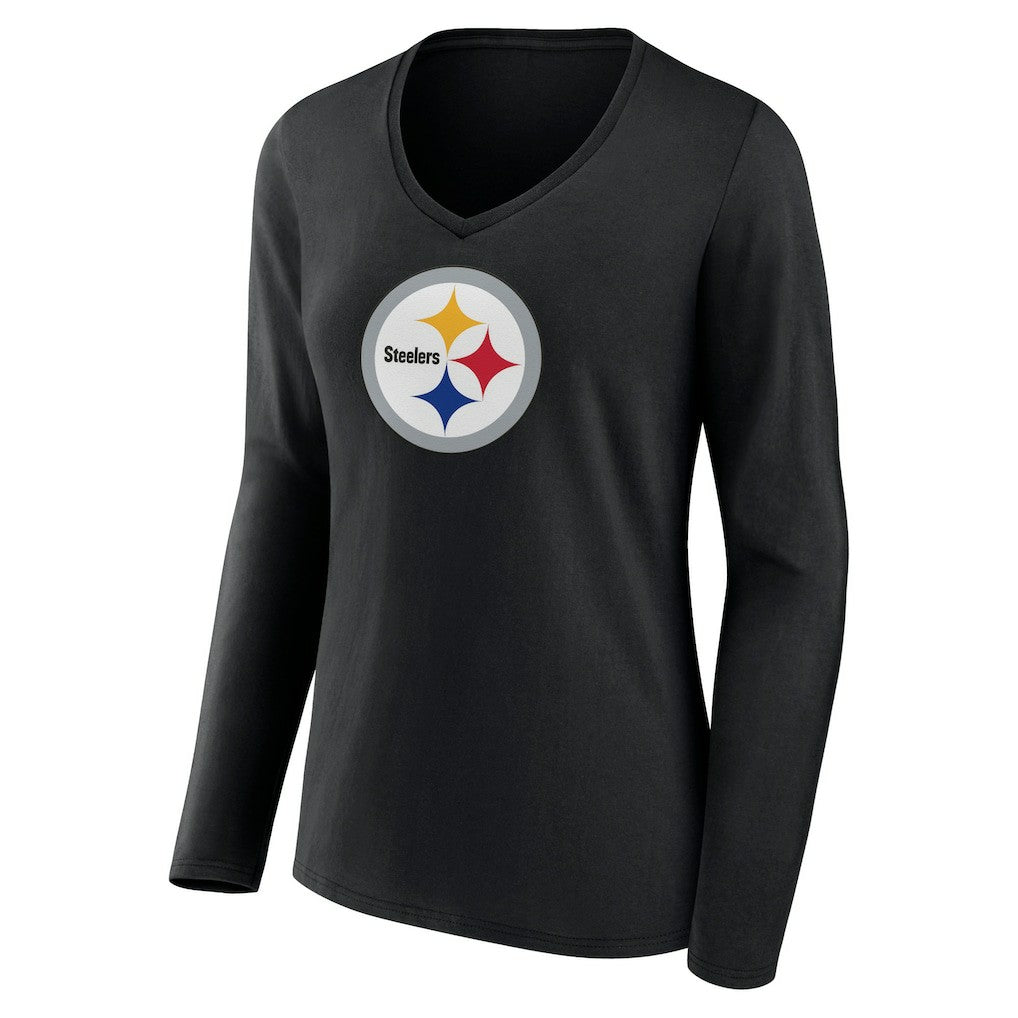 Pittsburgh Steelers Women's Primary Team Logo Long Sleeve V-Neck T-Shirt - Black - NFL