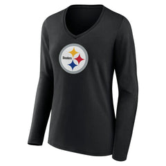 Pittsburgh Steelers Women's Primary Team Logo Long Sleeve V-Neck T-Shirt - Black - NFL