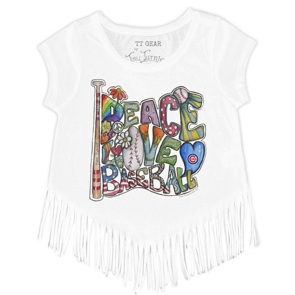 Chicago Cubs Tiny Turnip Girls Youth Peace Love Baseball Fringe T-Shirt for sale