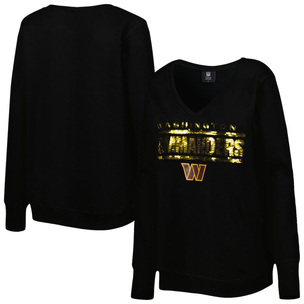 Washington Commanders Cuce Women's Sequin Logo V-Neck Pullover Sweatshirt - Black - NFL