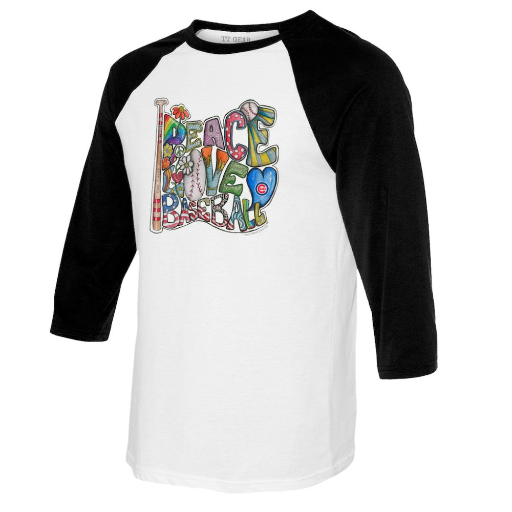 Chicago Cubs Tiny Turnip Women's Peace Love Baseball 3/4-Sleeve Raglan T-Shirt for sale