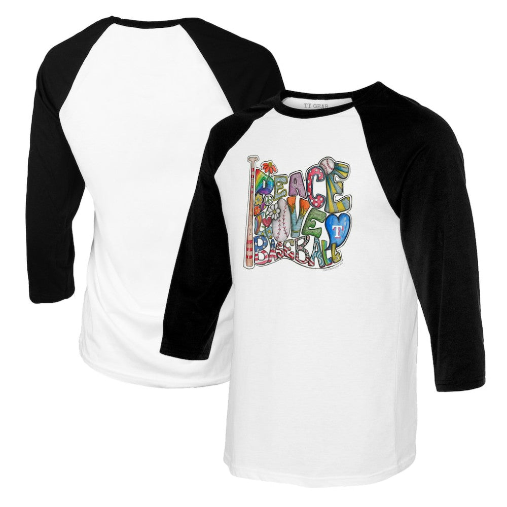 Texas Rangers Tiny Turnip Women's Peace Love Baseball 3/4-Sleeve Raglan T-Shirt Sale