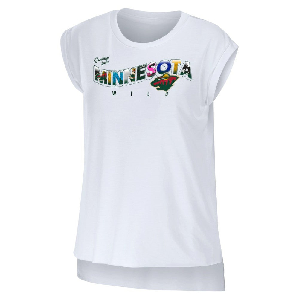 Minnesota Wild WEAR by Erin Andrews Women's Greetings From Muscle T-Shirt - White | NHL Clearance